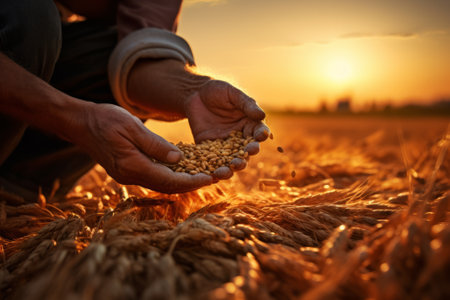 Hard-working hands of male farmer pouring grain.の素材