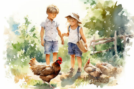 Boy and girl feeding chickens in the woods. Watercolor illustrationの素材