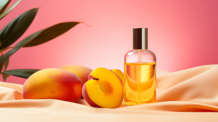 Beauty product image with peach, glass bottle and pink background. Banner.の素材