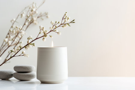 Scented candle on a white table with vase. Cosy interior details.の素材