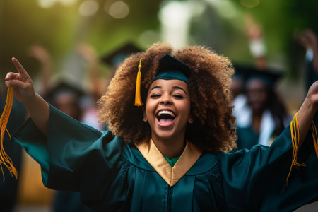 Happy African American black young woman graduating, student celebration.の素材
