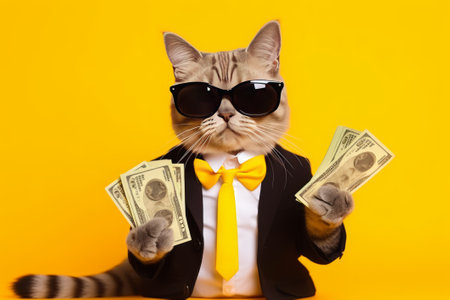 Cool rich successful hipster cat with sunglasses and cash money. Yellow background.の素材