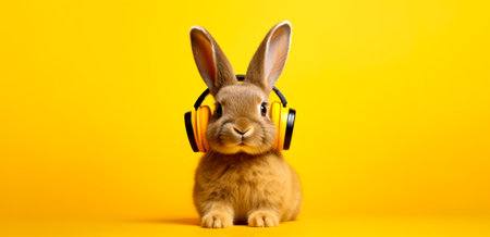 Young brown white Rabbit Listening to Music On Headphones. Yellow Isolated Background. Generate AI.の素材