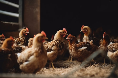 Lot of little chickens feeding in a farm.の素材