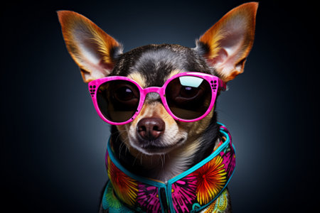 Cool looking Chihuahua dog wearing funky fashion and sunglasses.の素材