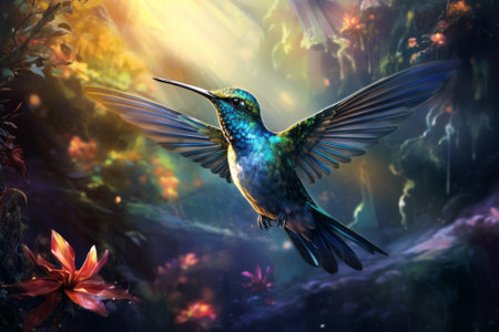 Multicolored hummingbird flies to the flower.の素材