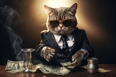 Cool rich successful hipster cat with sunglasses and cash money. Like a gangster.の素材