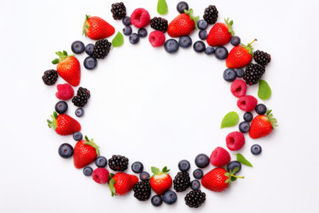 Frame of fresh berries and green leaves on white background. Top view.の素材
