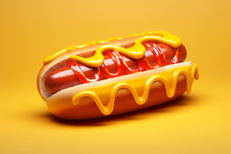 Classic hot dog with ketchup and mustard. 3D illustration on yellow background.の素材