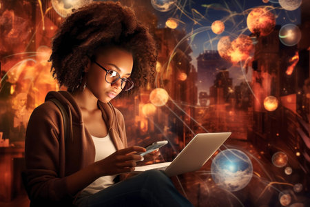 Black or African American woman using technology laptop and smartphone, multicultural diversity, collage.の素材