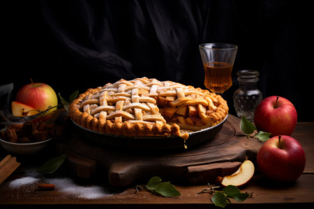 Food photography with whole apple pie on dark background.の素材