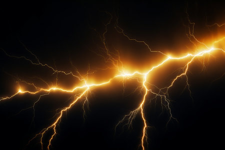 Lightning rays electrical energy charge thunder in dark night sky.の素材