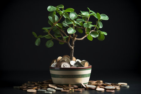 Money or lucky tree crassula with cash coins inside the pot.の素材