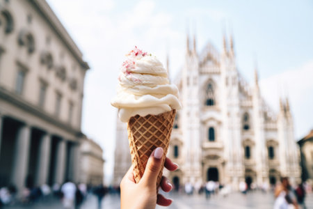 Close-up of hands holds ice cream in her hand near by Milan Cathedral Duomo, Italy.の素材