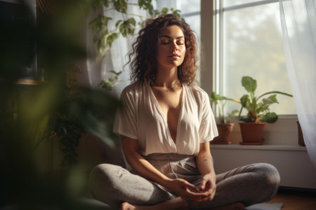 Healthy serene young woman meditating at home. Wellness.の素材