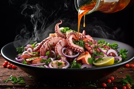 Seafood fresh salad with octopus and pouring sauce.の素材