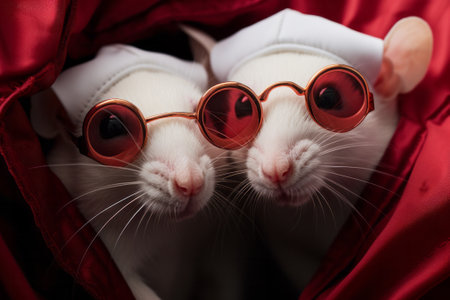 White rats with red eyes and glasses, close-up.の素材