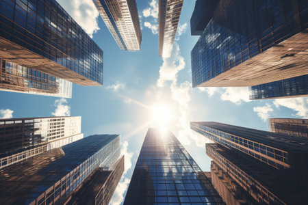 View from the bottom of modern business skyscrapersの素材