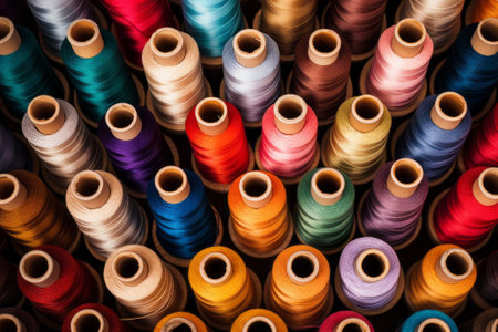 Colorful spools of thread arranged neatly.の素材