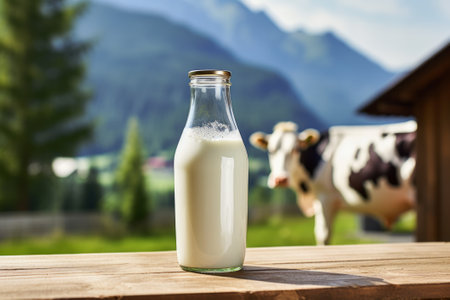Glass bottle with milk on the village background with cow.の素材