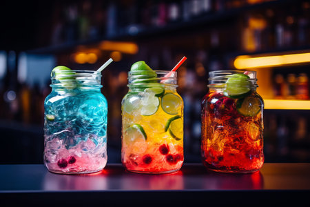 Colorful cocktails in jar with ice on the beach bar table close-up.の素材