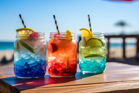 Colorful cocktails in jar with ice on the beach bar table close-up.の素材