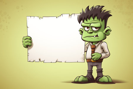 Cute Cartoon Frankenstein Character Holding a Blank Sheet of Paper.の素材