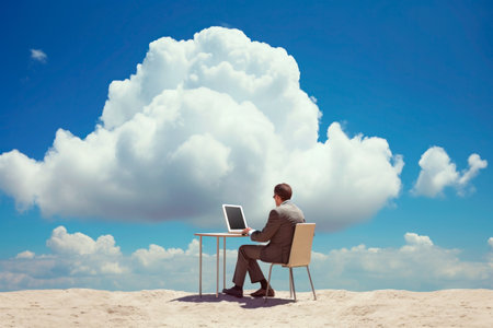 Back view of businessman sitting in clouds working with laptop on the desk.の素材