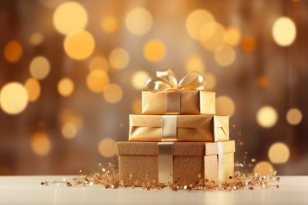Bokeh Christmas background with golden presents or gifts in box.の素材