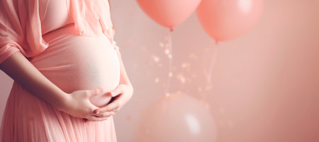 Banner with Pregnancy theme background. Close-up of pretty young woman waiting for a baby birth.の素材