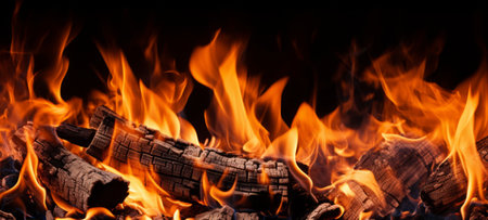 Close-up of burning flames fire, barbeque, grill. Banner