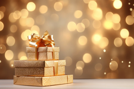 Beautiful gift golden boxes on bokeh background. Copy space for text.の素材