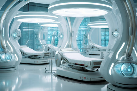 Futuristic white hospital with robots, glass and light.の素材