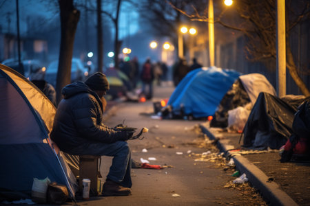 A city with tents and garbage. There are poor homeless people everywhere.の素材
