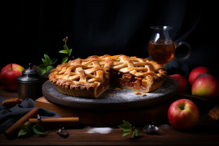 Food photography with whole apple pie on dark background.の素材