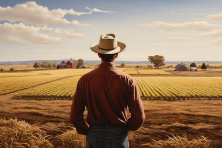Farmer looking over his farm field. Back view.の素材
