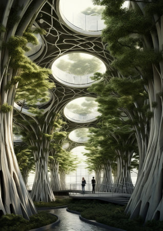Future or futuristic garden with big trees like the sculptures.の素材