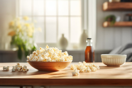 Bowl with popcorn on the kitchen table.の素材