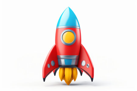 3D render colorful metallic cartoon rocket illustration isolated on white background.の素材