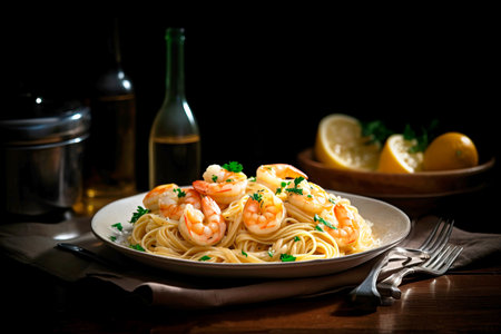 Shrimp pasta plate in cafe or restaurant.の素材