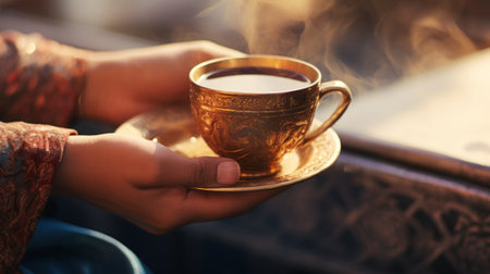 Old vintage antique royal dishes and appliances in the hands. Arabian or Turkish traditional tea timeの素材