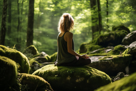 Woman is trying to meditate sitting on a rock in the forest.の素材