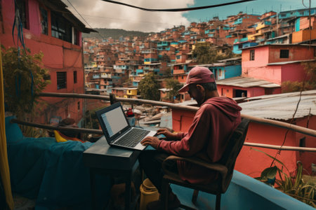 Digital Lifestyle in Colombia. Man is sitting at the desk with laptop on the balconyの素材