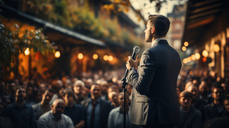 Back view of Man in business suit giving a speech on the stage in front of the audience.の素材