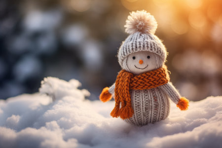 Panoramic view of happy snowman in winter scenery. Close-upの素材