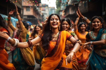 Indian women dancing on the streets in traditional dresses.の素材