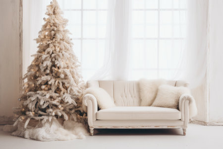 Christmas theme photo in studio, tree, sofa in boho minimalistic style.の素材