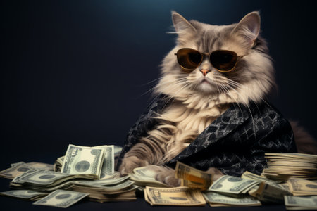 Cool rich successful hipster cat with sunglasses and cash moneyの素材
