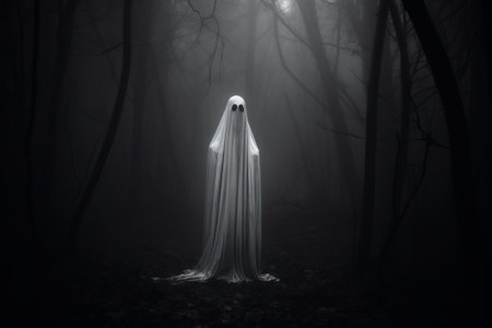 Gloomy spooky ghost standing in the forest. Black and white image. Halloween concept.の素材