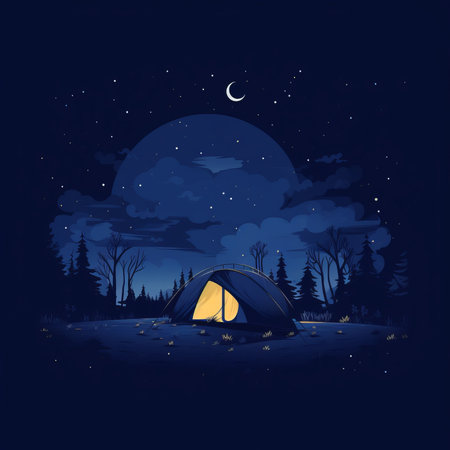 Minimal flat illustration of a tent in magic night.の素材